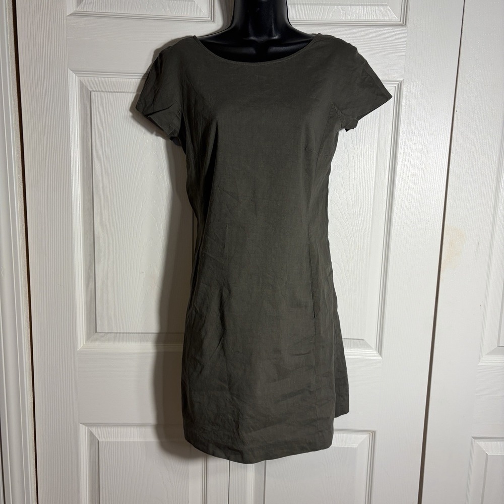 Theory Jamelya TS Sheath Dress Women S Army Green Linen Blend Crunch Wash Pocket